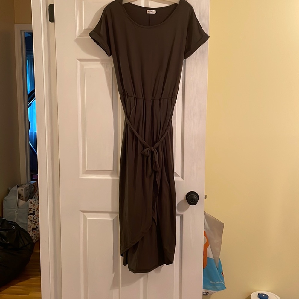 EUC Jersey material olive green faux wrap dress!